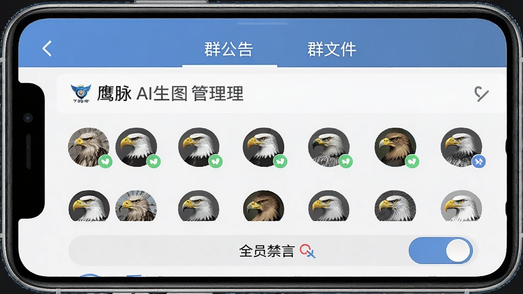 AI生图:一个名为“鹰脉”的群组管理界面,画面展示手机屏幕内多个群组头像整齐排列,顶部有“群公告”和“群文件”标签,下方有“全员禁言”开关按钮,界面以蓝色和灰色为主,风格简洁商务,画质干净,文字清晰无乱码。