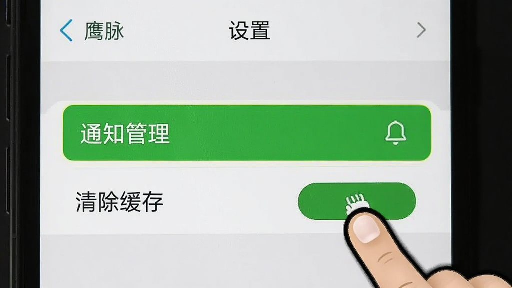 手机屏幕截图教程风格,画面展示“鹰脉”App的设置界面,高亮显示“通知管理”和“清除缓存”两个选项,手指图标正指向“清除缓存”按钮,背景是浅灰色设置菜单,风格清晰直观,画质干净,文字无乱码。