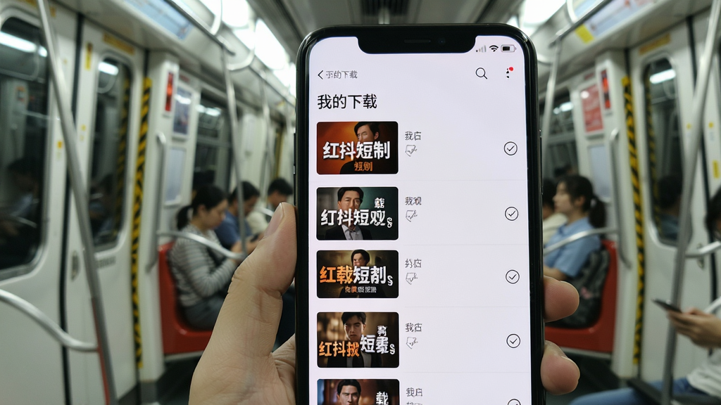 红抖免费短剧 手机屏幕显示下载管理界面 列表中有多部已下载完成的短剧 每部剧后面有对勾图标 屏幕上方有“我的下载”标题 背景是地铁车厢环境 突出离线观看的便利性 画质干净 无多余元素
