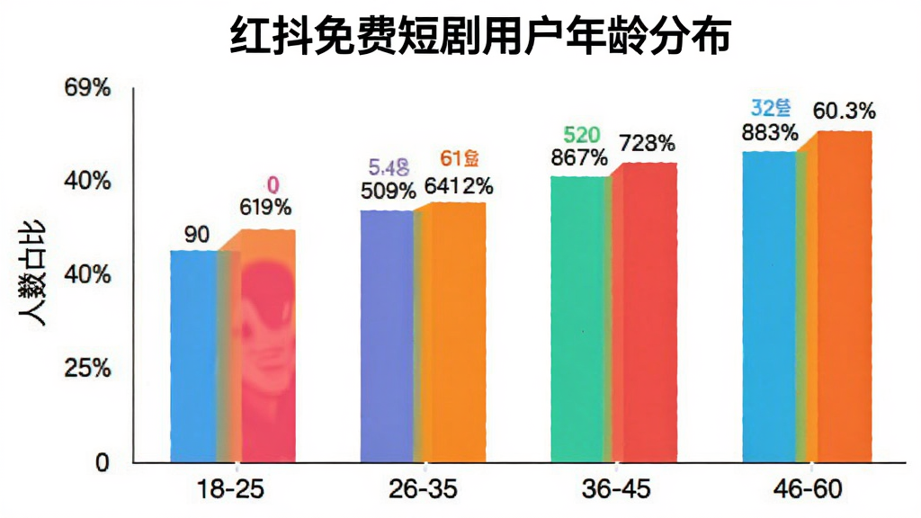 红抖免费短剧 用户年龄分布柱状图 横轴为年龄段18-25、26-35、36-45、46-60 纵轴为人数占比 柱状图颜色鲜艳 柱子上方有具体百分比数字 背景为白色 图表标题为“红抖免费短剧用户年龄分布” 画质干净 无多余元素