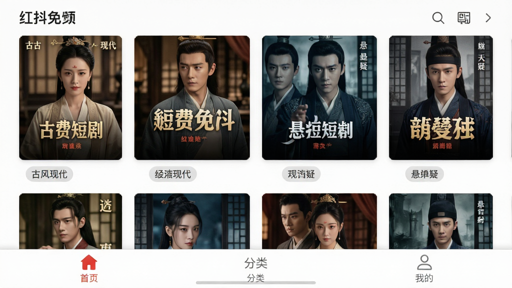 红抖免费短剧 应用界面截图 显示分类清晰的短剧海报墙 包括古装、现代、悬疑等标签 每部剧封面都有醒目标题 界面底部有首页、分类、我的等导航栏 整体布局整洁 风格现代扁平 画质清晰干净 无多余元素