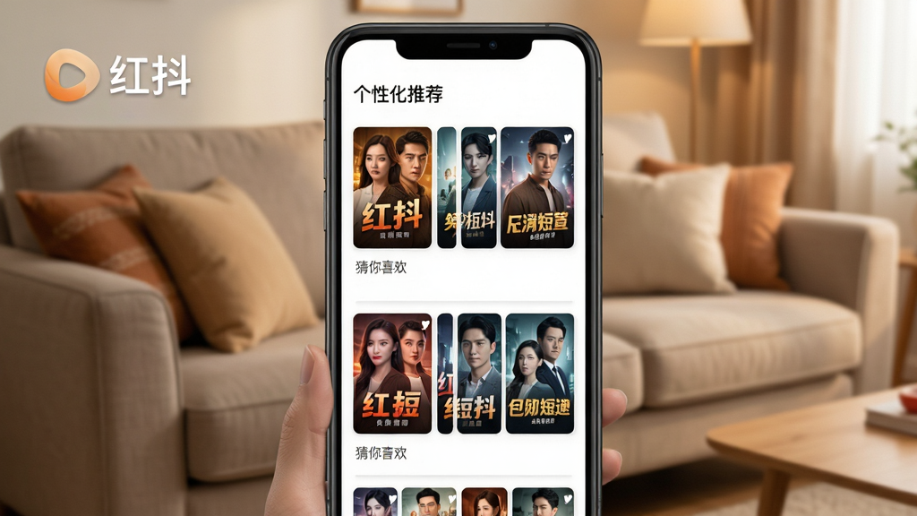 红抖免费短剧 手机屏幕显示个性化推荐列表 多部短剧封面排列整齐 封面下方有“猜你喜欢”字样 背景是温馨的居家沙发场景 突出智能推荐的概念 画质干净 无多余元素