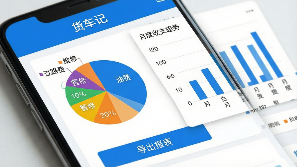一张展示「货车记」应用数据统计页面的图片,画面中手机屏幕显示彩色饼状图和柱状图,饼图标注「油费」「过路费」「维修」「餐饮」等分类占比,柱状图显示月度收支趋势。屏幕上方有「货车记」应用标题栏,下方有导出报表按钮。整体风格商务简洁,蓝白配色,画质清晰,无多余装饰元素。