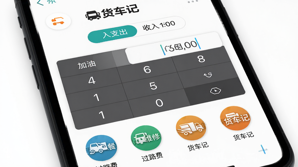 手机屏幕特写展示「货车记」的记账页面,界面中央是数字键盘和金额输入框,上方有收入支出切换标签,下方排列着加油、过路费、维修、餐饮等圆形图标,图标带有「货车记」字样水印。背景干净白色,手机边框为深色,整体风格简洁现代,画质高清无杂乱元素。