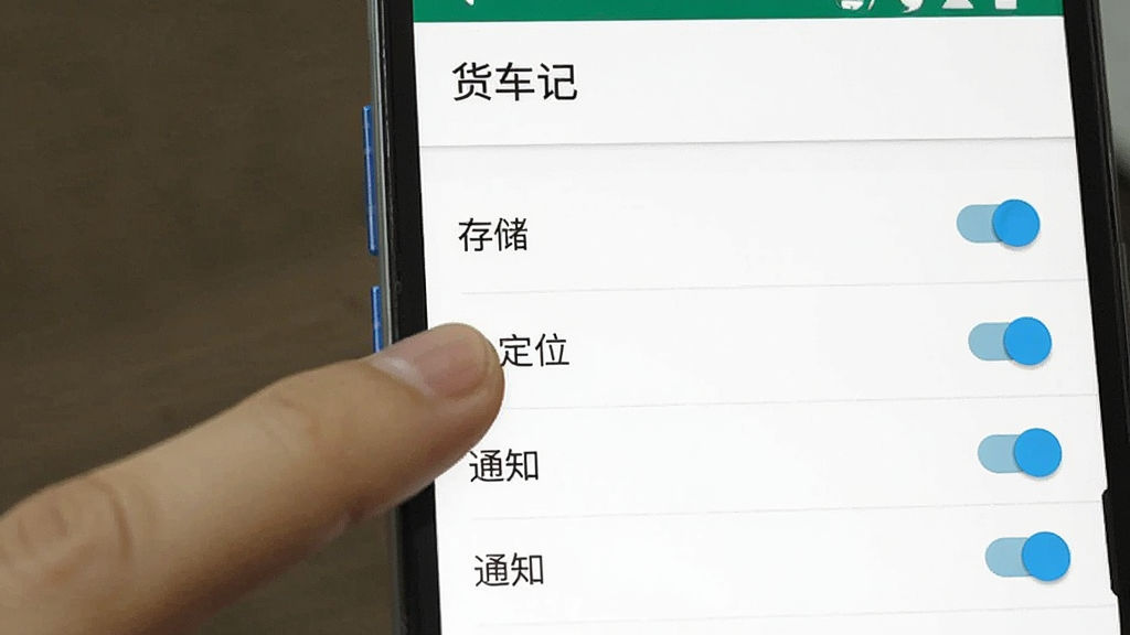 一张展示手机设置界面的示意图,画面中手指正在点击「应用权限管理」选项,屏幕上显示「货车记」应用的权限列表,包括存储、定位、通知等开关按钮。界面风格为安卓原生设置页面,配色简洁,画质清晰,重点突出权限开关区域,无多余元素。