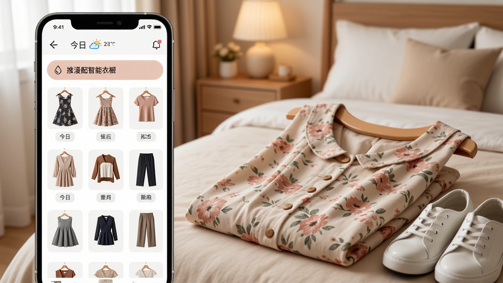 һ������ȹϻ�����³����ܵ�AI��ͼ��������һ���ֻ���Ļ��ʾ���³��������棬��Ļ�����������Ÿ���ȹ�ӡ����¡����ӵ�����ͼ��ÿ����Ʒ�·���С��ǩд�������Ļ�Ϸ���ʾ�����������Ƽ��������ʾ�����ֻ��Ա߷���һ�����õ��黨ȹ��һ˫С��Ь����������ܰ������һ�ǣ�������ͣ�������¼�Լ�����ʸɾ��޶���Ԫ��