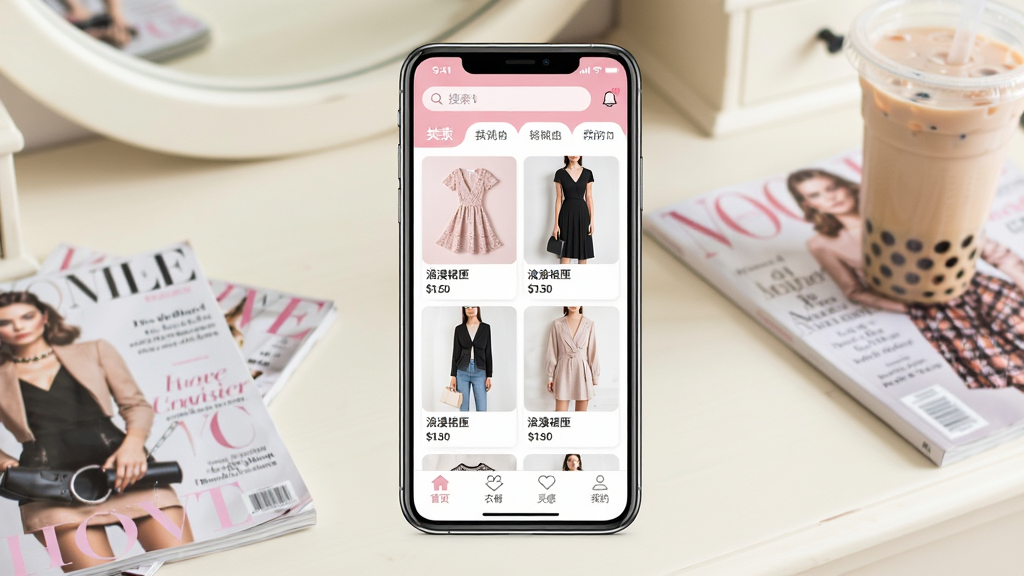 һ��չʾ����ȹϻ�������Ľ����ͼƬ�������������ֻ���Ļ����Ļ����ʾ������ȹϻApp����ҳ����ҳ�Ϸ����������ͷ����ǩ���м����ٲ����Ĵ���ͼƬ��Ƭ��ÿ�ſ�Ƭ�ϱ�ע�ŵ�Ʒ���ƺͼ۸����䣬�ײ�����������ҳ���³�����С��ҵ��ĸ�ͼ�꣬������ɫ����͵ķ�ɫ�Ͱ�ɫΪ�����������������������ǳɫ����ױ̨���棬������ɢ���ż���ʱ����־��һ���̲裬���������������ɾ��޶���Ԫ��