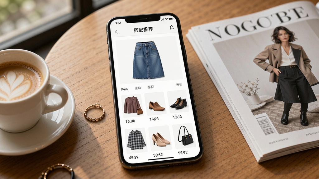 һ������ȹϻ��Ʒ�����Ƽ����ܵ�AI��ͼ���������ֻ���Ļ��ʾ��һ��ţ�а���ȹ������ҳ���·��г��˼��״��䷽����ÿ�׷��������¡�Ь�ӡ����ε�Сͼ��ɣ���Ļ�Ϸ��С������Ƽ����������ֻ�����һ��ľ�������ϣ��Ա���һ�����Ⱥ�һ��������ʱ����־��������Ȼ��ů��������ִ������ʸɾ��޶���Ԫ��