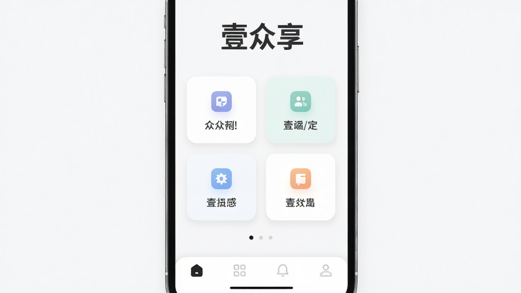 手机屏幕中央展示“壹众享”应用主界面,整体为浅色简约风格,顶部有软件名称“壹众享”字样,中间排列着几个圆角矩形功能卡片,底部为导航栏,背景干净无杂物,界面现代扁平化,细节圆润,画质清晰,无多余元素