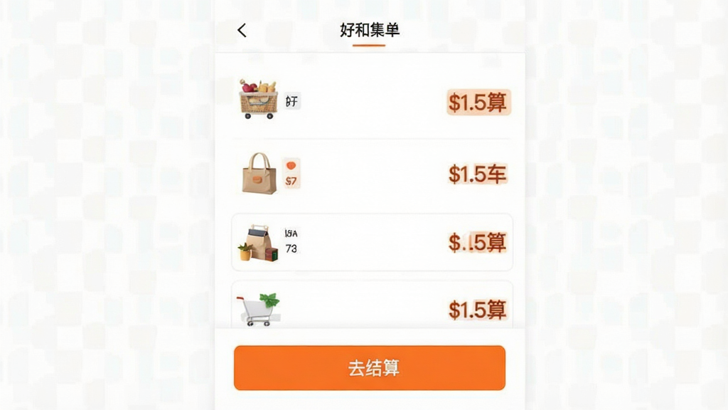 好和集市 购物车与结算页面截图,画面显示一个简洁的购物清单,商品图标清晰,价格标签醒目,底部有“去结算”按钮,界面以白色为背景,按钮为橙色,布局规整,风格现代简洁,画质干净无多余元素