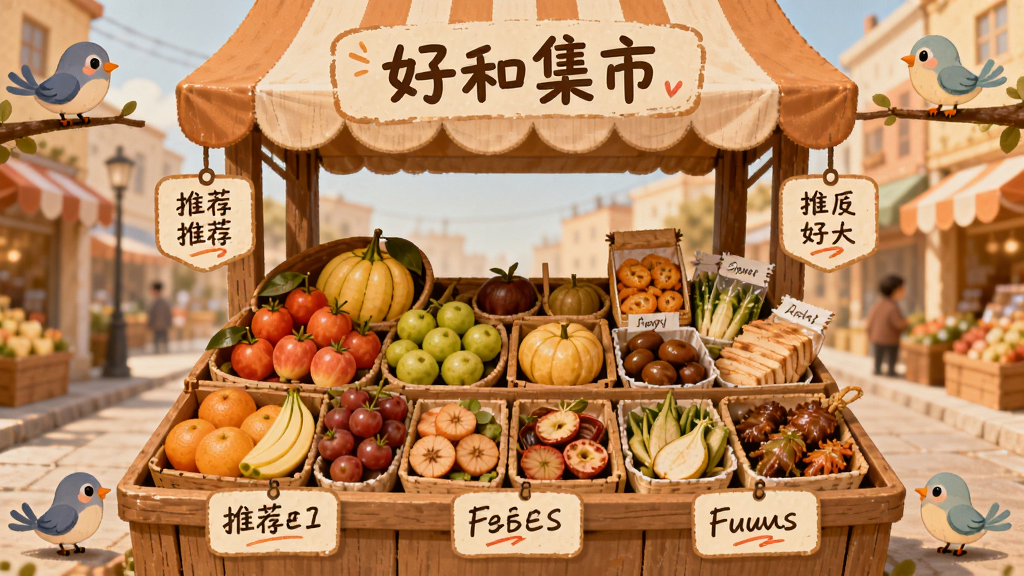 好和集市 应用内商品推荐页面,画面展示一个集市摊位风格的界面,摊位上摆满了各种水果和特产,每个商品旁边有手写的推荐标签,背景是暖色调的社区街道,有几只卡通小鸟在画面角落,整体风格温馨亲切,画质干净清晰