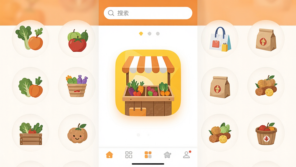 好和集市 手机应用主界面截图,画面中央是明亮的集市风格图标,周围环绕着新鲜果蔬、日用百货、本地特产等小图标,界面以暖橙色和白色为主色调,布局简洁清晰,顶部有搜索栏,底部有导航菜单,风格现代扁平化,画质干净无多余元素