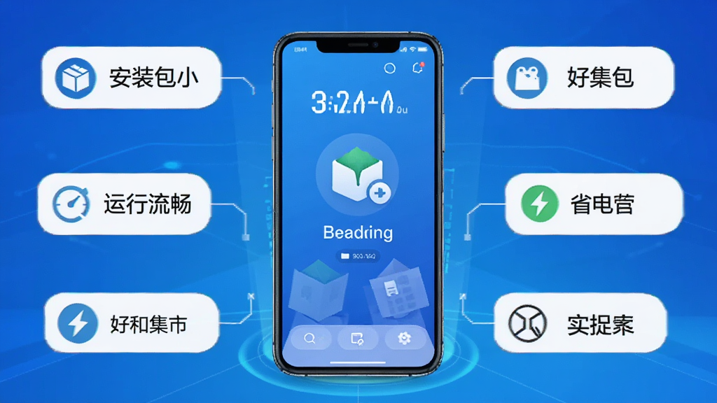 好和集市 应用性能展示图,画面以手机屏幕为中心,周围环绕着“安装包小”、“运行流畅”、“省电”等标签图标,背景是科技感的蓝色渐变,风格现代简约,画质干净清晰