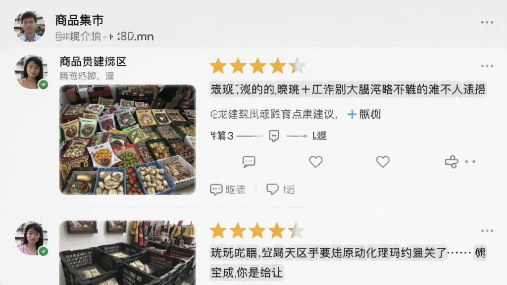 好和集市 商品评价区截图,画面展示用户上传的真实商品照片和文字评价,评价有五星好评也有中肯建议,界面设计清爽,文字清晰可读,背景为浅灰色,风格简洁真实,画质干净