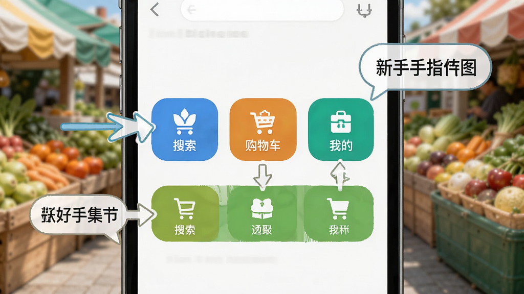 好和集市 新手操作指引图,画面以手机界面为背景,用箭头和文字气泡标注出搜索、购物车、我的等主要功能按钮的位置,风格清晰直观,颜色鲜明,画质干净