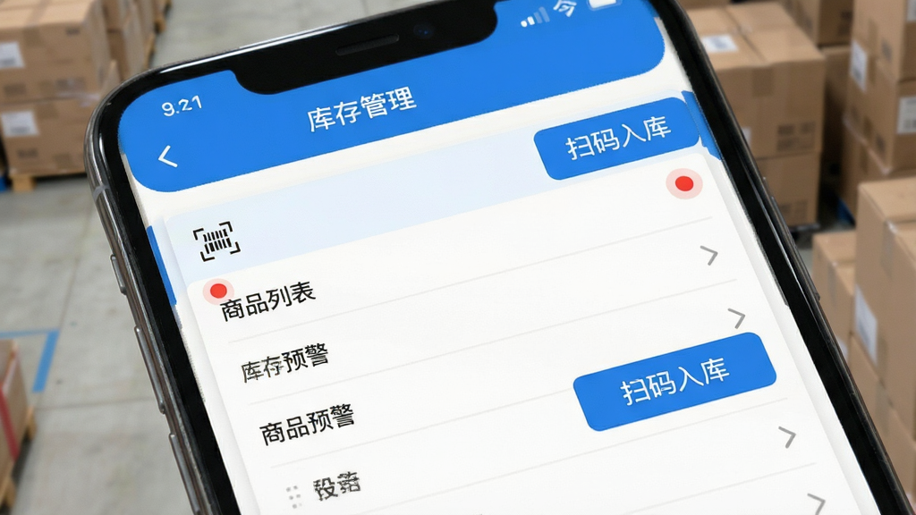 家家销 库存管理界面 商品列表 库存预警红点 扫码入库按钮 简洁列表 蓝白配色 手机屏幕 干净 无多余元素 画质清晰