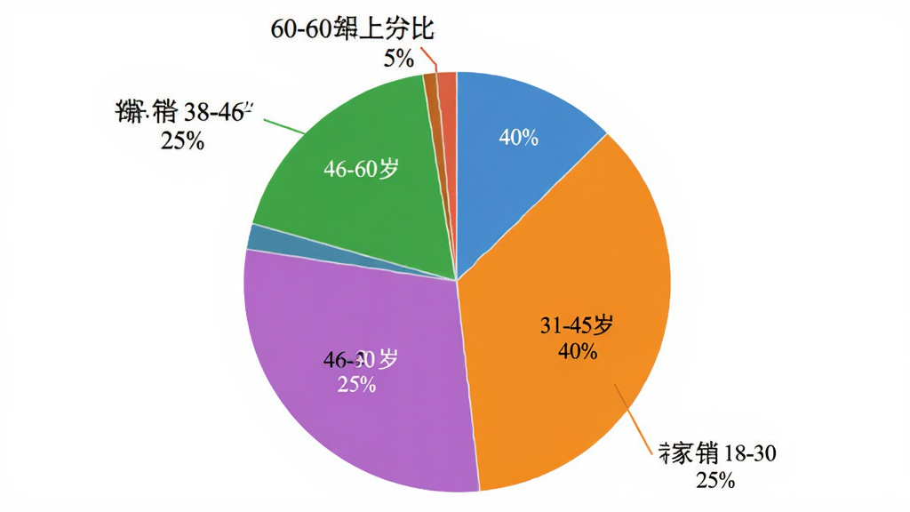 家家销 用户年龄分布饼状图 18-30岁占比25% 31-45岁占比40% 46-60岁占比30% 60岁以上占比5% 彩色图表 简洁风格 干净 无多余元素 画质清晰