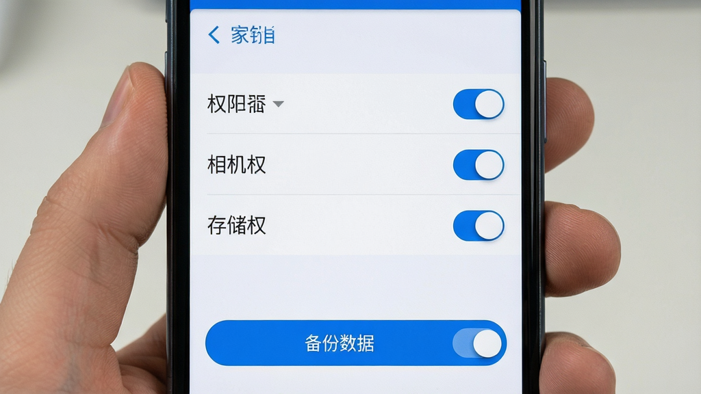家家销 手机设置界面 权限管理 相机权限 存储权限 备份数据按钮 蓝色开关 简洁列表 干净 无多余元素 画质清晰