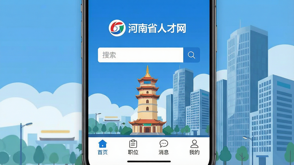 һ��չʾ����ʡ�˲���App��ҳ���ֻ������ͼ�����������ǡ�����ʡ�˲������Ĺٷ�Logo�������򣬱�����֣�ݶ��������ִ���д��¥�ںϵı�ƽ�廭��񣬽�������ɫ�Ͱ�ɫΪ��ɫ�����ײ�������������ʾ����ҳ������ְλ��������Ϣ�������ҵġ��ĸ�ͼ�꣬�����������죬ϸ�ڸɾ��޶���Ԫ�أ�����������