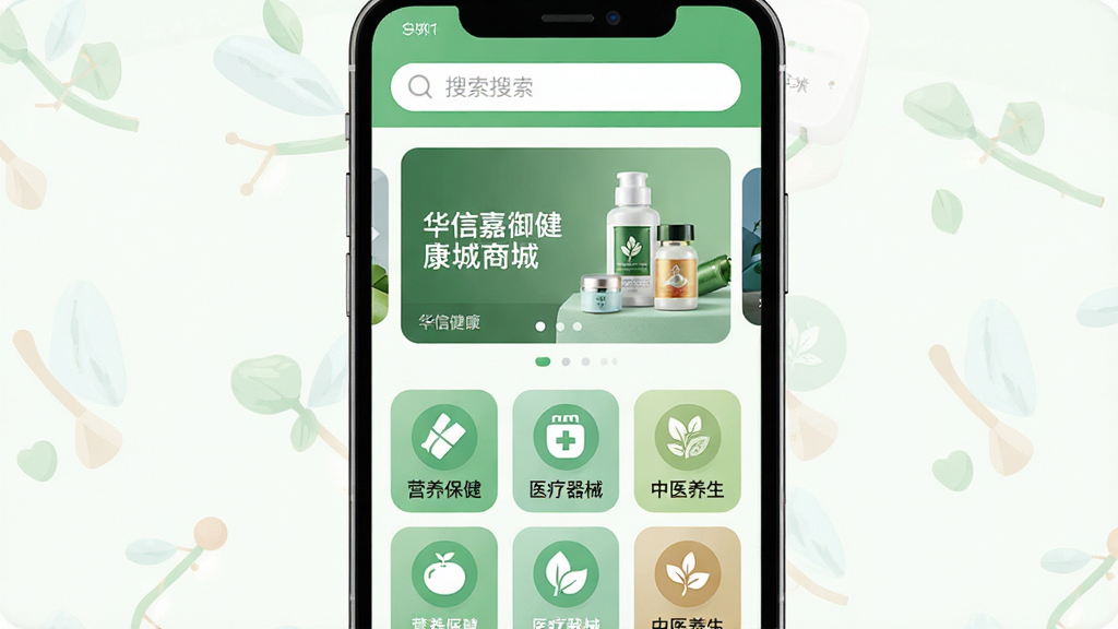 一幅展示华信嘉御健康商城手机应用界面的详细插图,主体是一部竖屏智能手机,屏幕内显示该商城的首页,布局包含顶部的搜索栏、中间轮播图展示健康产品、下方为分类图标网格(如营养保健、医疗器械、中医养生),排版清晰有序,风格为现代简约扁平化设计,细节上图标圆润、配色以绿色和白色为主显得健康清新,画质高清干净,无多余元素。