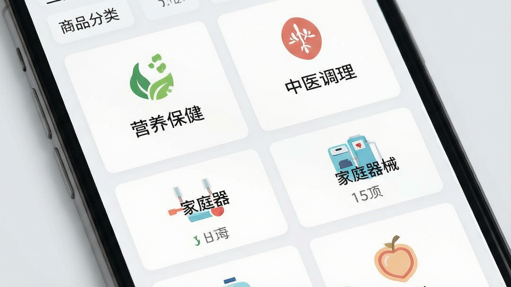 华信嘉御健康商城应用内的商品分类页面展示,画面主体为手机屏幕特写,屏幕内呈现清晰的网格状分类列表,包含“营养保健”、“中医调理”、“家庭器械”等文字标签,布局分为两列,风格为清爽的卡片式设计,细节上每个分类配有简洁的扁平化图标,画质干净明亮,背景为浅灰色,无杂乱元素。
