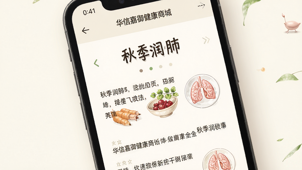 华信嘉御健康商城应用内的健康资讯阅读界面,画面主体为手机屏幕,屏幕内显示一篇关于“秋季润肺”的文章,顶部有标题,正文配有简单的食材插图,排版疏朗,风格为舒适的阅读模式,细节上字体大小适中、行距宽松,画质清晰,背景为米白色,无多余装饰。