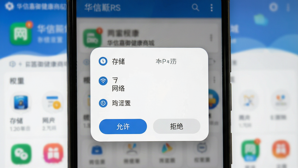 华信嘉御健康商城应用在手机上的安装与权限设置引导界面,画面主体为手机屏幕特写,屏幕内显示一个权限请求弹窗,包含“存储”、“网络”等权限选项,下方有“允许”和“拒绝”按钮,布局居中,风格为标准的安卓系统弹窗设计,细节上按钮带有圆角、文字清晰,画质干净,背景为模糊的应用界面,无多余元素。