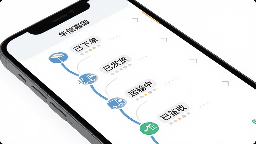 华信嘉御健康商城应用内的订单物流跟踪页面,画面主体为手机屏幕,屏幕内显示一个包裹的物流时间轴,节点包括“已下单”、“已发货”、“运输中”、“已签收”,布局为垂直列表,风格为扁平化信息展示,细节上时间轴线条流畅、图标清晰,画质干净,背景为白色,无多余元素。