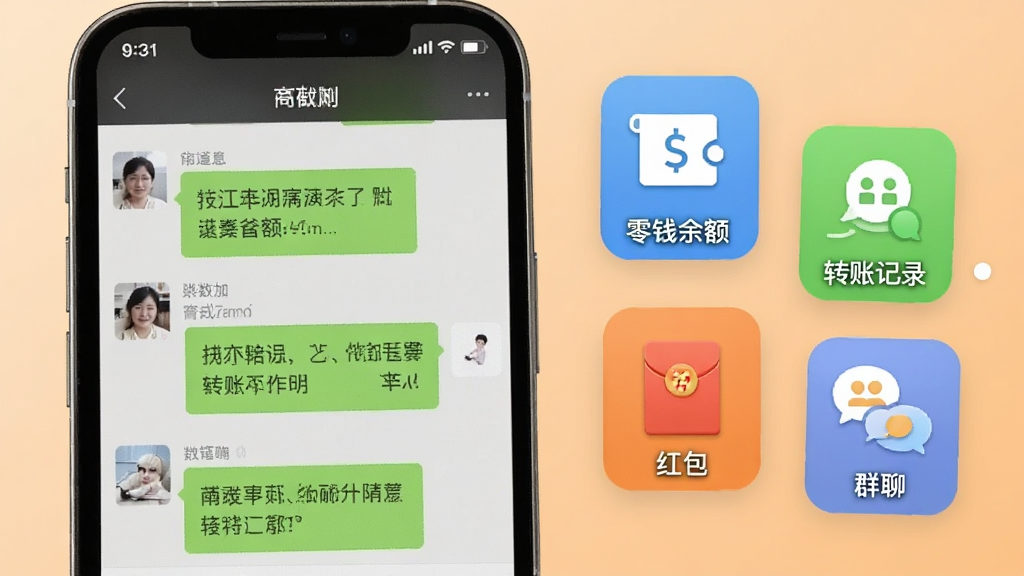 微商截图宝功能展示图,画面中一部手机屏幕显示制作完成的微信聊天记录截图,右侧漂浮着多个功能图标如“零钱余额”“转账记录”“红包”“群聊”,背景为浅橙色渐变,风格简洁明快,画质清晰,干净无多余元素