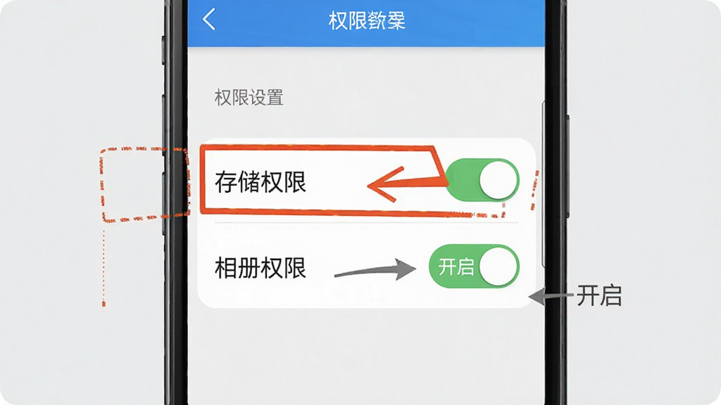 微商截图宝新手操作示意图,画面中手机屏幕显示权限设置页面,高亮标注“存储权限”和“相册权限”两个开关,旁边有箭头指向“开启”按钮,背景为浅灰色,风格清晰直观,画质干净,无多余元素