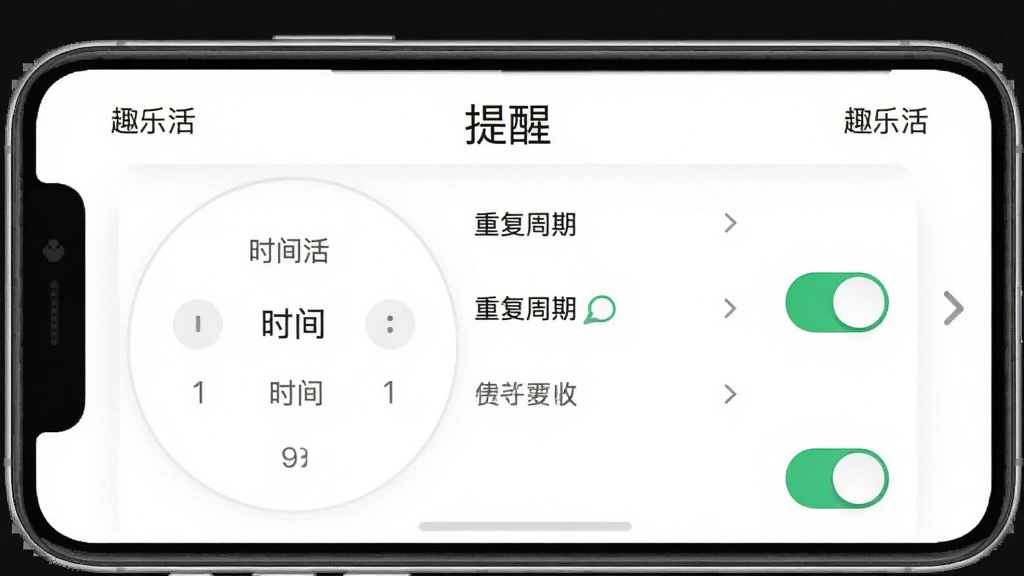 趣乐活App通知提醒设置界面,手机屏幕显示“趣乐活”应用内的提醒设置页面,包含时间选择器、重复周期选项和开关按钮,界面顶部有“提醒”标题,背景为白色,文字清晰,布局规整,风格极简,画质干净无多余元素
