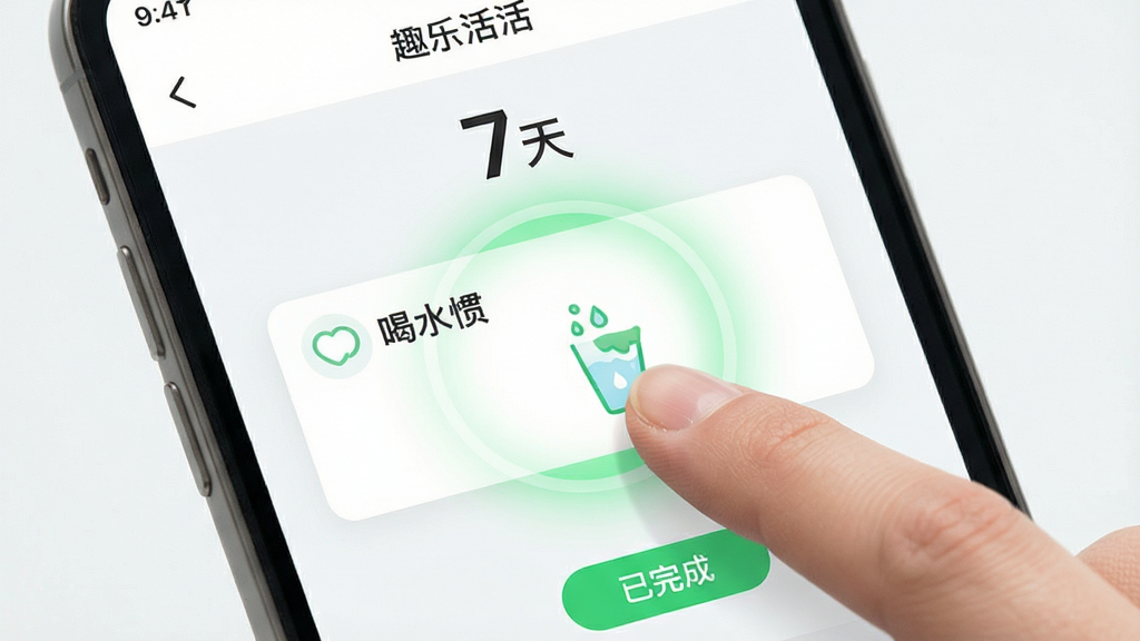趣乐活App打卡操作界面,手机屏幕显示“趣乐活”应用内页,画面中央是一只手指轻触屏幕上的“喝水”习惯卡片,卡片周围有绿色光晕反馈,背景为浅色极简风格,顶部显示连续打卡天数“7天”,底部有“已完成”标记,整体排版清晰,画质干净,风格现代扁平