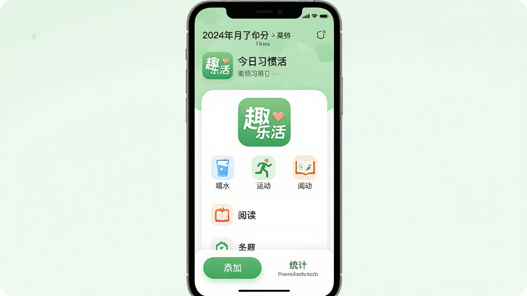 趣乐活App主界面展示,手机屏幕中央显示“趣乐活”应用图标和名称,界面以浅绿色和白色为主色调,顶部有日期和问候语,中间是今日习惯打卡列表,包含喝水、运动、阅读等图标,底部有添加按钮和统计入口,整体布局简洁清爽,风格现代扁平化,细节圆润,画质干净,无多余元素