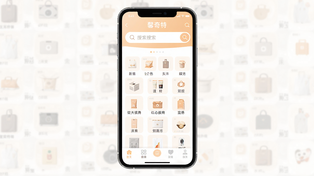 һ��չʾ��ܰ���ء�App���Ľ�����ֻ�����ͼ������������App��ҳ�棬������������Ŀ���м����������Ʒ����ͼ�����񣬵ײ�������������������ɫ��ů�׺�ǳ��Ϊ����������ִ������ʸɾ����޶���Ԫ��
