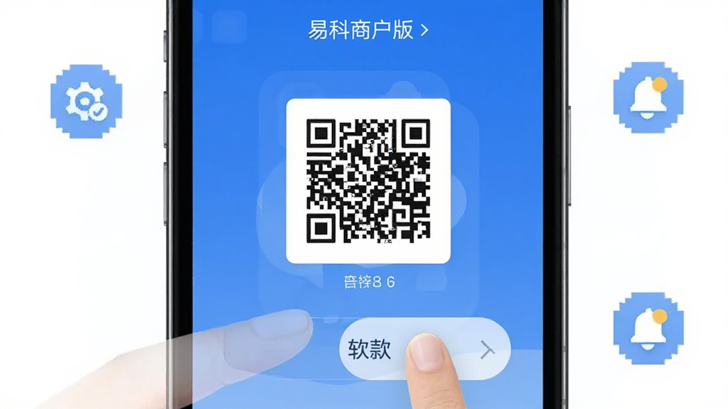 易科商户版 手机操作界面 手指点击收款按钮 屏幕显示收款码 周围有设置图标和通知图标 蓝色调 简洁风格 画质清晰 无多余元素