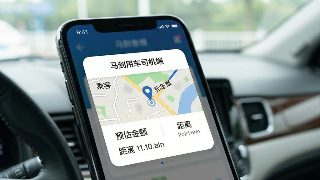 一张手机屏幕特写图,屏幕上显示“马到用车司机端”的订单推送弹窗,弹窗内包含乘客起点终点小地图、预估金额和距离,手机背景是车内环境,画面风格简洁现代,重点突出弹窗的清晰度和信息层级,画质干净