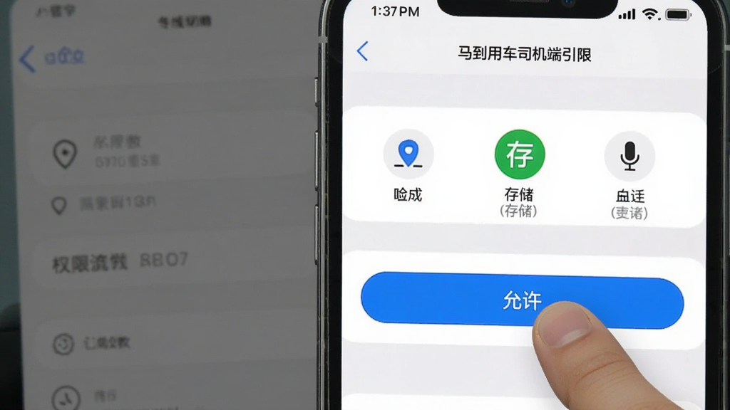 一张手机屏幕截图风格图片,展示“马到用车司机端”的权限设置引导页面,画面中有手指点击“允许”按钮的动作,背景是手机系统设置界面,包含定位、存储、麦克风等图标,风格清晰、扁平化、无多余装饰