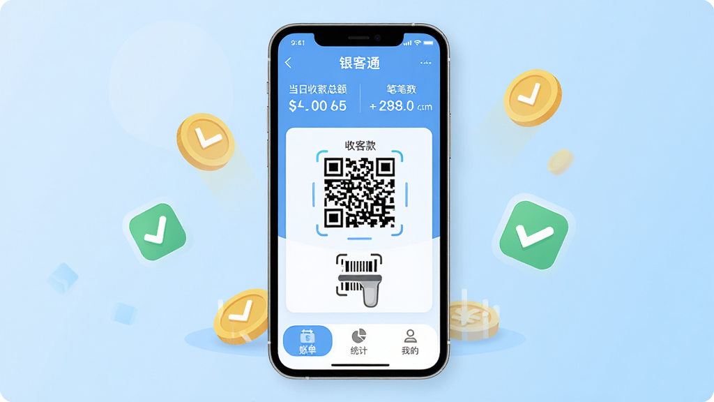 银客通手机APP主界面全貌,画面中央展示一部智能手机,屏幕上显示银客通收款首页,顶部有当日收款总额和笔数,中间是醒目的收款二维码和扫码枪图标,底部是账单、统计、我的三个选项卡,背景为浅蓝色渐变,周围散落着金币和收款成功的对勾图标,风格现代扁平化,色彩明快,细节圆润,画质干净清晰,无多余元素