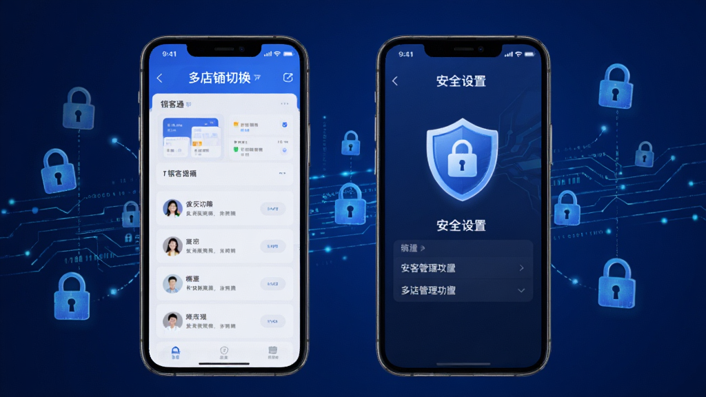 银客通APP数据安全与多店铺管理功能展示,画面中一部手机屏幕显示银客通多店铺切换界面和安全设置页面,有盾牌图标和锁形图标,背景是深蓝色科技感渐变,周围有数据流线条和加密符号,风格安全可靠,画质干净,无多余元素