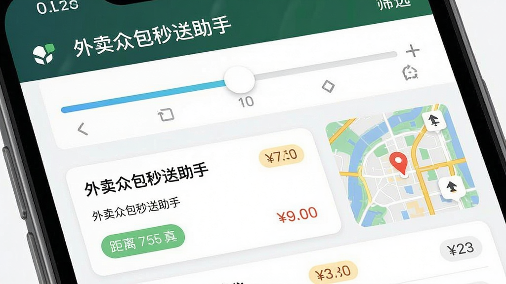 主体是一个手机界面特写,布局为上半部分显示筛选条件滑动条,中间是外卖众包秒送助手的订单列表,排版为左侧订单卡片右侧地图小窗,风格为简约实用工具风,细节上包含距离标签、价格标签、方向箭头图标,画质清晰干净无多余元素,界面内文字标注“外卖众包秒送助手”和“筛选”