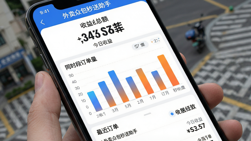 主体是手机屏幕显示外卖众包秒送助手的数据统计页面,布局为顶部收益总额大字,中间柱状图展示不同时段订单量,底部列表显示最近订单,排版清晰,风格为数据可视化仪表盘风格,细节上柱状图有蓝橙渐变、数字字体粗壮,画质干净无多余元素,界面文字包含“外卖众包秒送助手”和“今日收益”