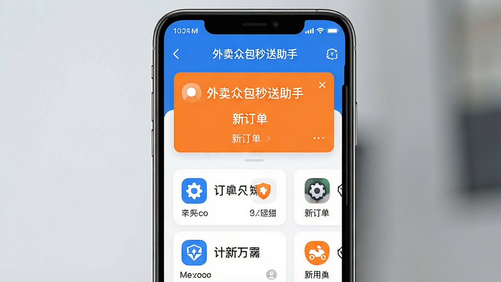 主体是一个手机屏幕竖屏展示,布局为顶部状态栏显示时间信号,中间是外卖众包秒送助手的主界面,排版为上方有醒目的订单提醒弹窗,下方是多个配送平台的聚合列表,风格为现代扁平化科技感,细节上图标圆润、色彩以蓝白橙为主、文字清晰锐利,画质高清干净无多余元素,屏幕内文字显示“外卖众包秒送助手”和“新订单”