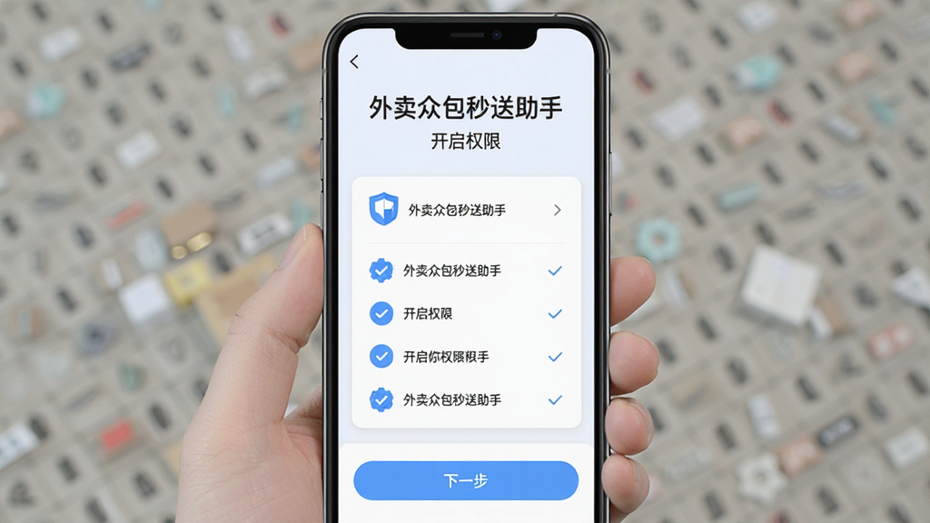 主体是手机屏幕显示外卖众包秒送助手的权限设置引导页面,布局为顶部大标题,中间是权限列表打勾图标,底部是下一步按钮,排版为纵向卡片式,风格为扁平化引导页风格,细节上图标为蓝色盾牌和齿轮、文字清晰,画质干净无多余元素,界面文字包含“外卖众包秒送助手”和“开启权限”