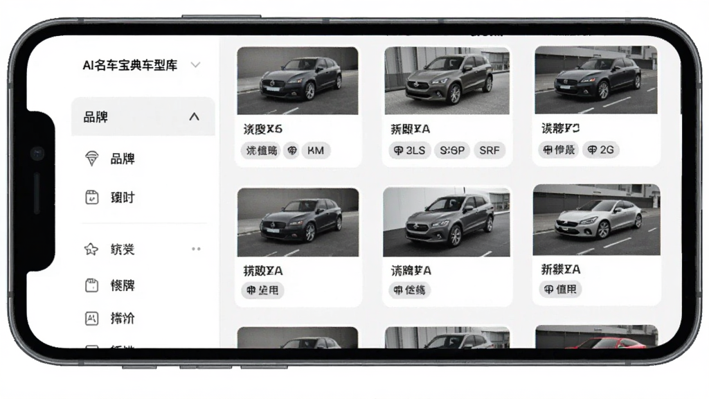 一张展示AI名车宝典车型库查询界面的图片,画面主体是手机屏幕显示车型列表,布局上左侧为品牌筛选栏,右侧为车型卡片列表,风格为简约卡片式设计,细节上包含汽车缩略图和参数标签,画质干净,无多余元素。