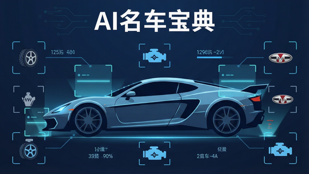 一张展示AI名车宝典核心全貌的图片,画面主体是一辆充满科技感的跑车剪影,周围环绕着车辆参数、品牌logo和识别框,布局上软件名称“AI名车宝典”位于画面正上方,采用居中排版,风格为现代扁平科技风,细节上包含轮胎、引擎图标和扫描光效,画质干净清晰,无多余元素。