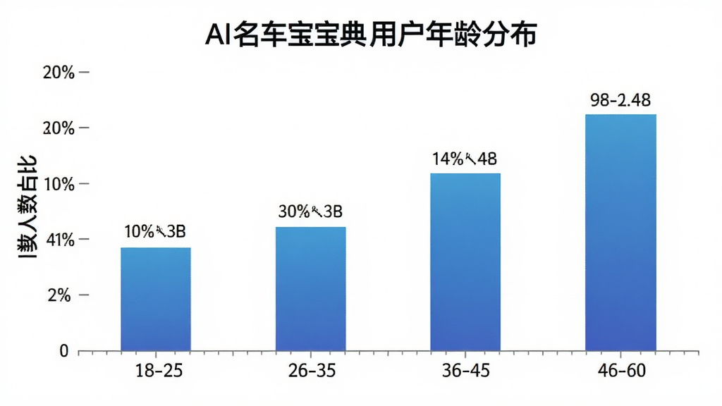 一张展示AI名车宝典用户年龄分布的柱状图,画面主体是柱状图,布局上横轴为年龄段18-25、26-35、36-45、46-60,纵轴为人数占比,风格为简洁数据可视化风格,细节上柱子颜色为蓝色渐变,标注清晰,画质干净,无多余元素。