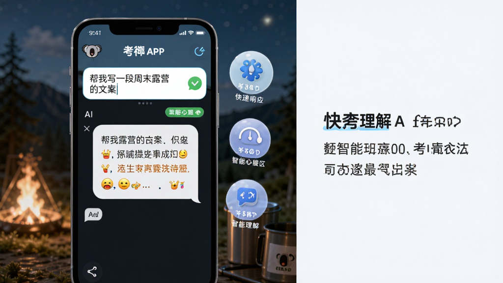 画面中央是一部手机,屏幕上显示考拉考拉APP的智能对话界面,用户输入框里写着“帮我写一段周末露营的文案”,下方是AI生成的回复气泡,气泡内有文字和表情符号,手机旁边漂浮着几个代表“快速响应”和“智能理解”的小图标,整体布局为左右分栏,左侧是手机主体,右侧是简洁的说明文字,风格偏向科技感与可爱风的结合,细节上考拉logo清晰可见,画质干净无多余元素。