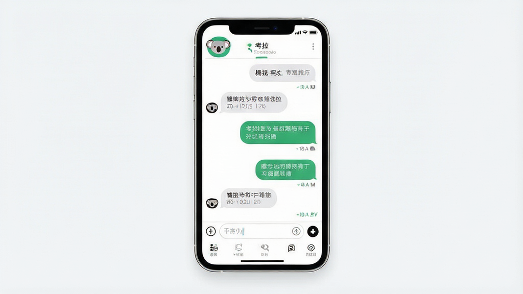 一张展示考拉考拉手机应用主界面的详细生图,主体是悬浮在画面中央的智能手机,屏幕内显示考拉考拉APP的对话界面,左上角有可爱的考拉头像logo,界面布局简洁,顶部是对话历史,中间是聊天气泡,底部是输入框和功能按钮,排版清晰,风格为现代扁平化设计,细节上气泡圆润、图标精致,画质干净明亮,无多余元素。