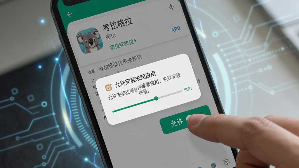 一张展示考拉考拉APP在安卓手机上安装过程的生图,画面主体是手机屏幕特写,屏幕上显示“允许安装未知应用”的系统弹窗和考拉考拉的安装界面,安装进度条走到一半,手机旁边有一只手正在点击“允许”按钮,整体布局为手机居中,周围有轻微的科技感光效,风格写实偏科技,细节上安装界面文字清晰,画质干净无多余元素。