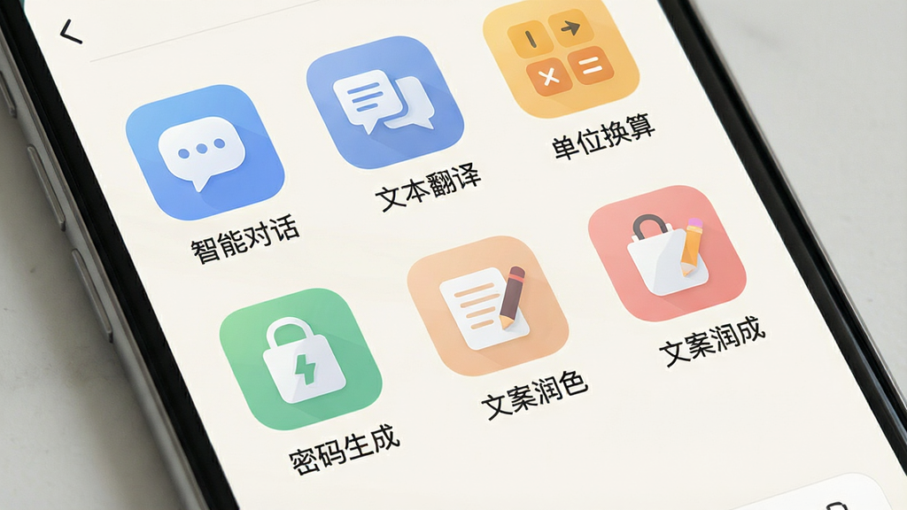 一张展示考拉考拉APP功能列表页的生图,画面主体是手机屏幕,屏幕内以网格形式排列着“智能对话”“文本翻译”“单位换算”“密码生成”“文案润色”等图标,每个图标下方有对应的文字标签,界面背景为浅色,图标风格统一为圆角扁平化设计,整体布局清晰有序,风格清爽简约,细节上图标颜色柔和,画质干净无多余元素。